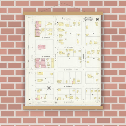 Old map wall art mockup — magnetic wood frame on brick wall — Sanborn Fire Insurance Map from Tallahassee, Leon County, Florida (1909), Sheet #0010