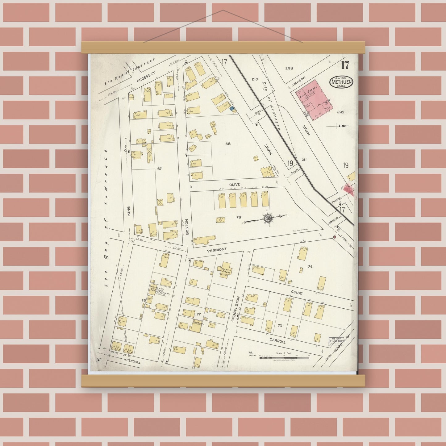 Old map wall art mockup — magnetic wood frame on brick wall — Sanborn Fire Insurance Map from Methuen, Essex County, Massachusetts (1919), Sheet #0017
