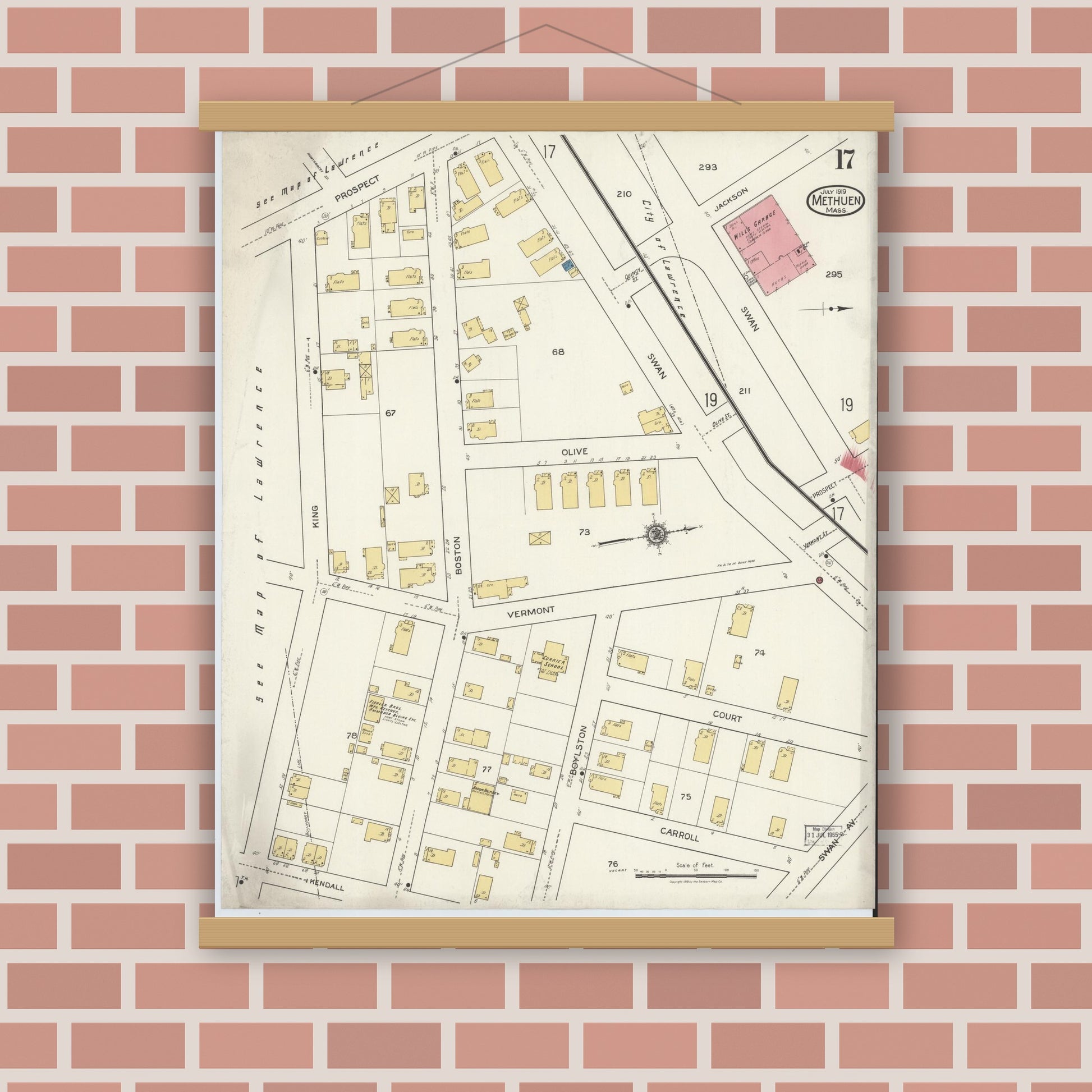 Old map wall art mockup — magnetic wood frame on brick wall — Sanborn Fire Insurance Map from Methuen, Essex County, Massachusetts (1919), Sheet #0017