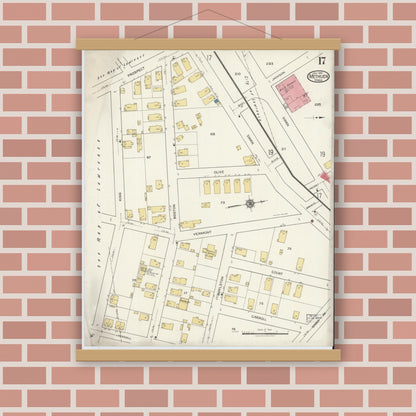 Old map wall art mockup — magnetic wood frame on brick wall — Sanborn Fire Insurance Map from Methuen, Essex County, Massachusetts (1919), Sheet #0017