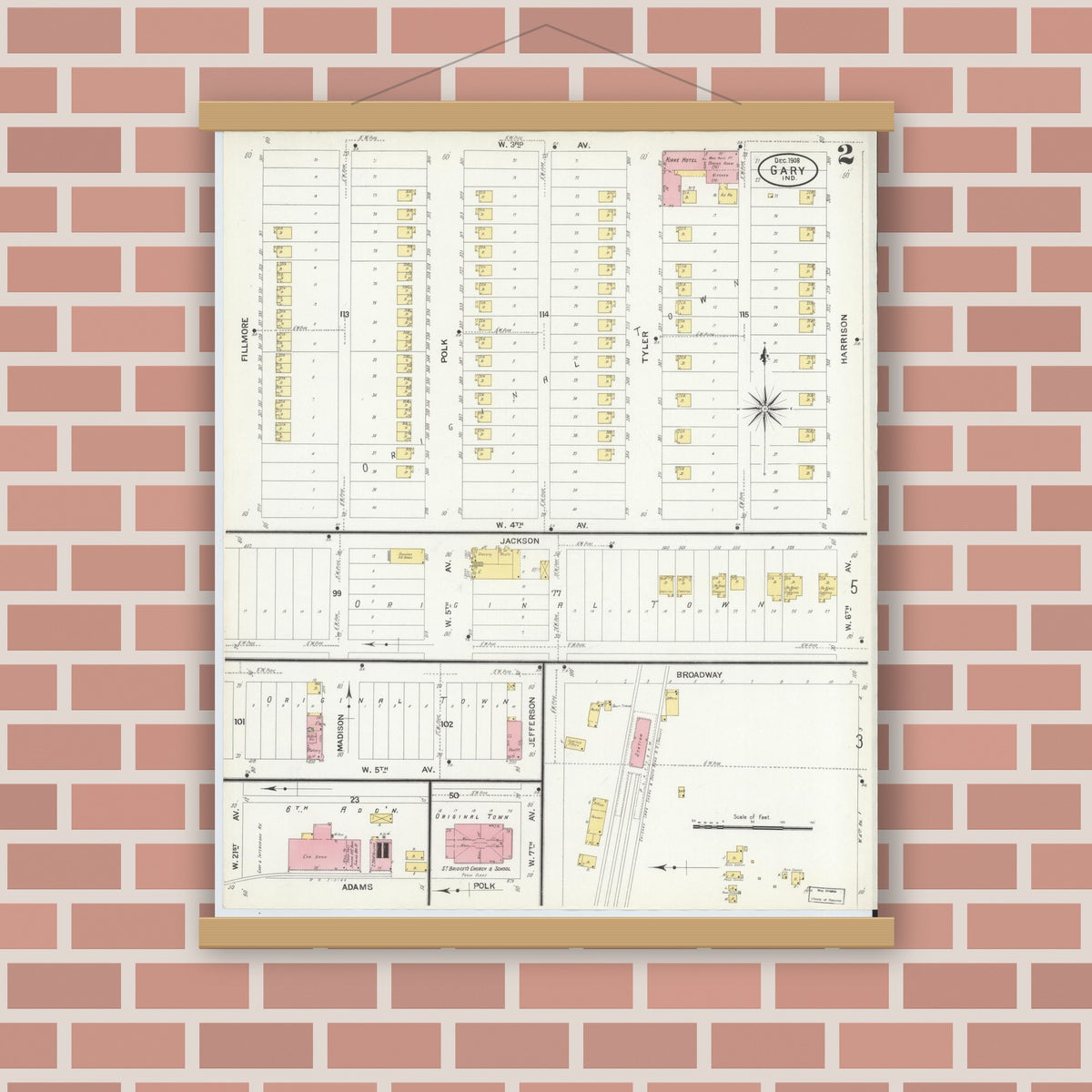 Old map wall art mockup — magnetic wood frame on brick wall — Sanborn Fire Insurance Map from Gary, Lake County, Indiana (1908), Sheet #0002