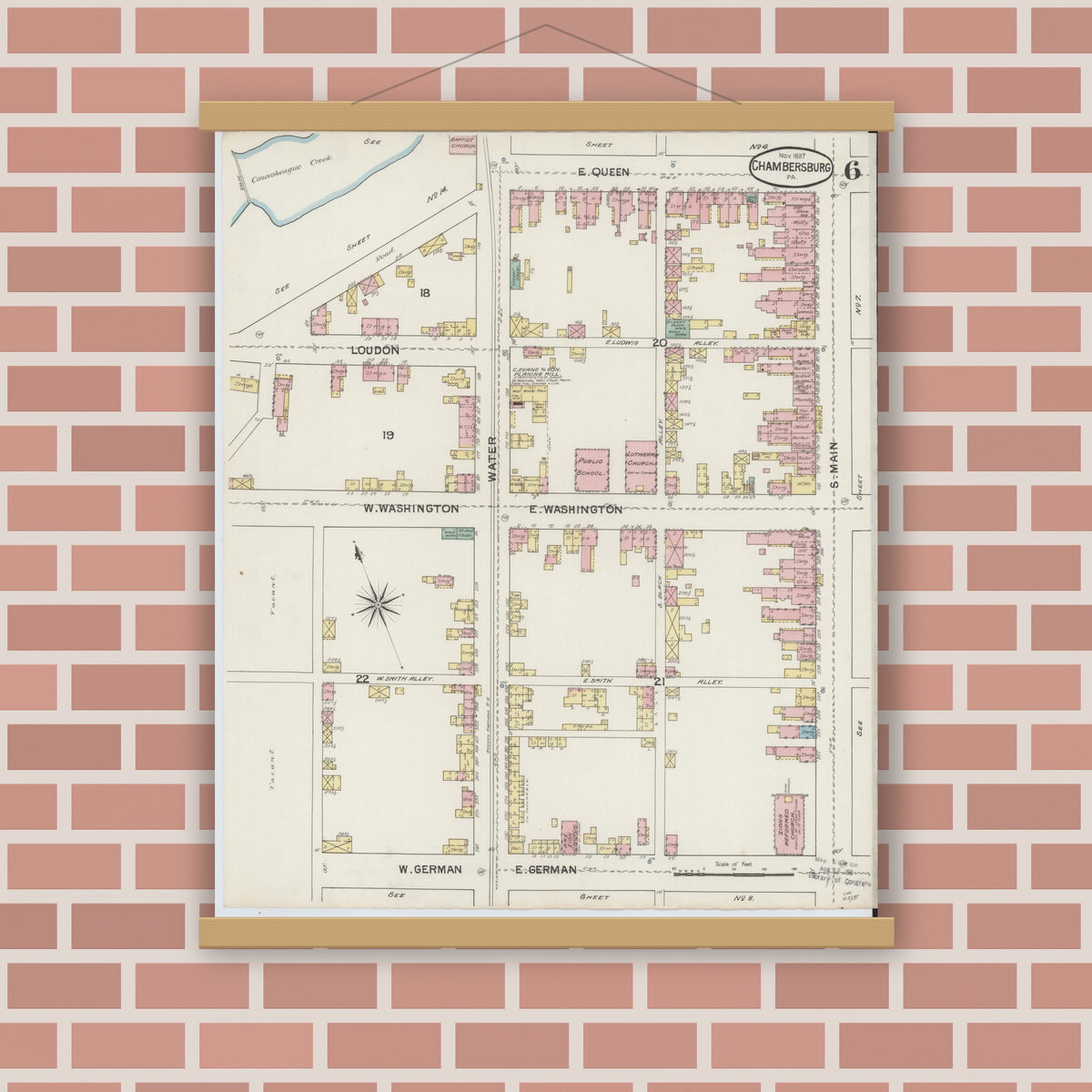 Old map wall art mockup — magnetic wood frame on brick wall — Sanborn Fire Insurance Map from Chambersburg, Franklin County, Pennsylvania (1887), Sheet #0006
