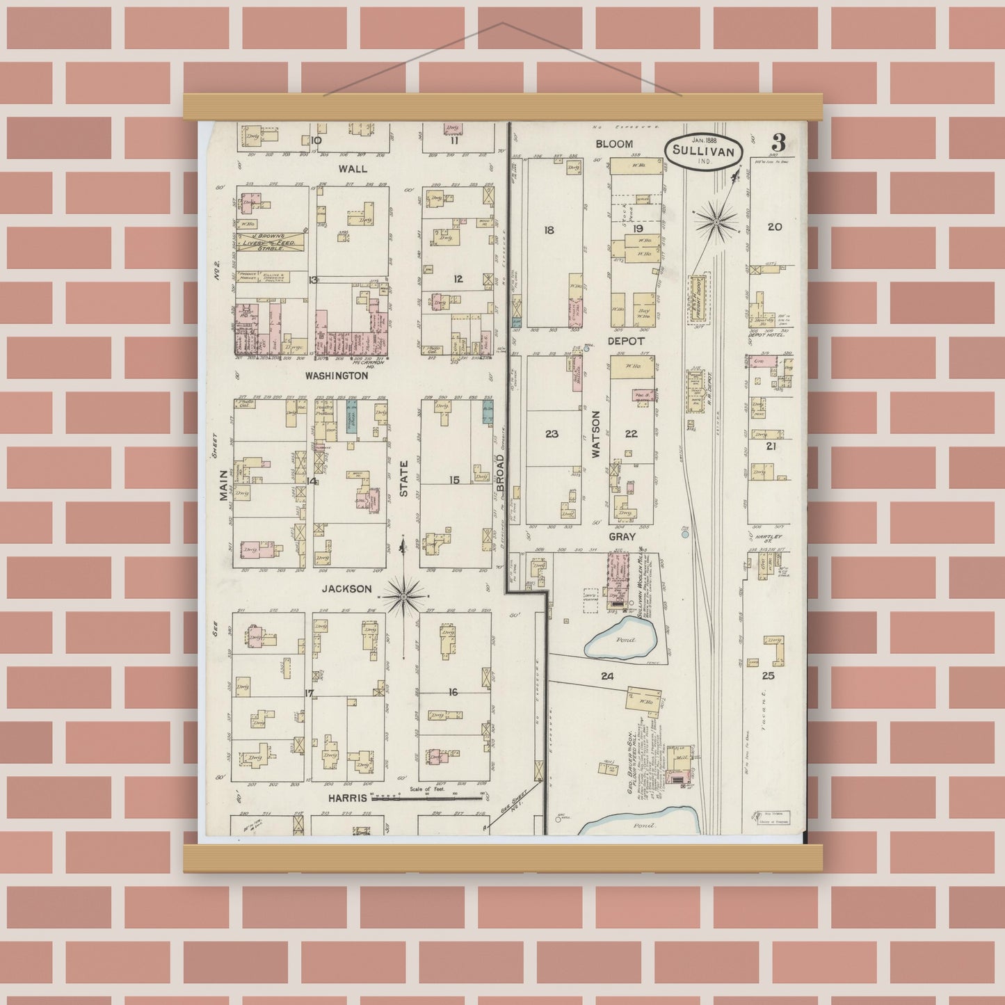 Old map wall art mockup — magnetic wood frame on brick wall — Sanborn Fire Insurance Map from Sullivan, Sullivan County, Indiana (1888), Sheet #0003