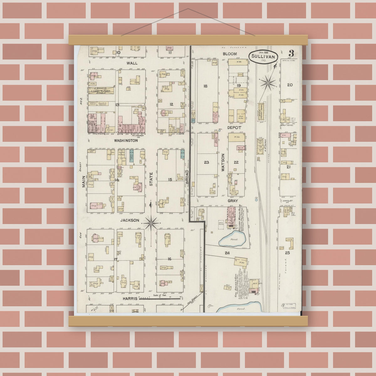 Old map wall art mockup — magnetic wood frame on brick wall — Sanborn Fire Insurance Map from Sullivan, Sullivan County, Indiana (1888), Sheet #0003