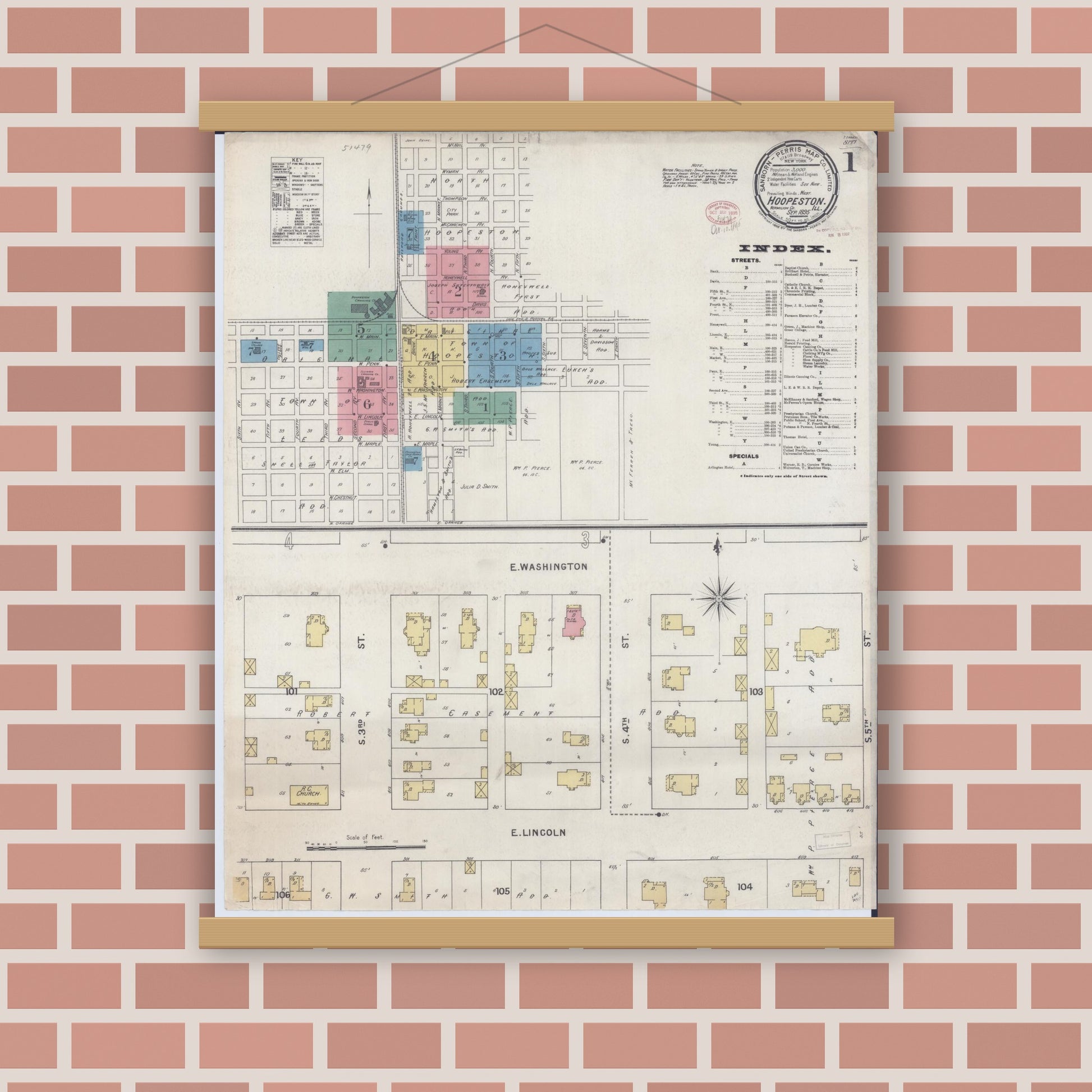 Old map wall art mockup — magnetic wood frame on brick wall — Sanborn Fire Insurance Map from Hoopeston, Vermilion County, Illinois (1895) - Complete Map Set