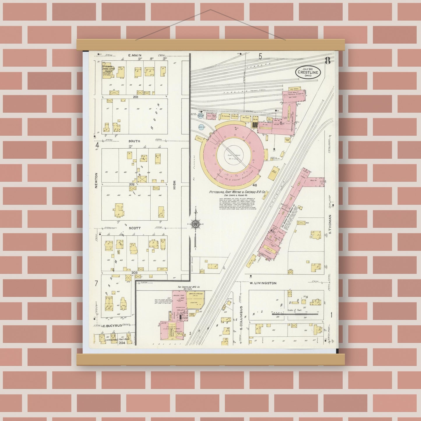 Old map wall art mockup — magnetic wood frame on brick wall — Sanborn Fire Insurance Map from Crestline, Crawford County, Ohio (1910), Sheet #0008