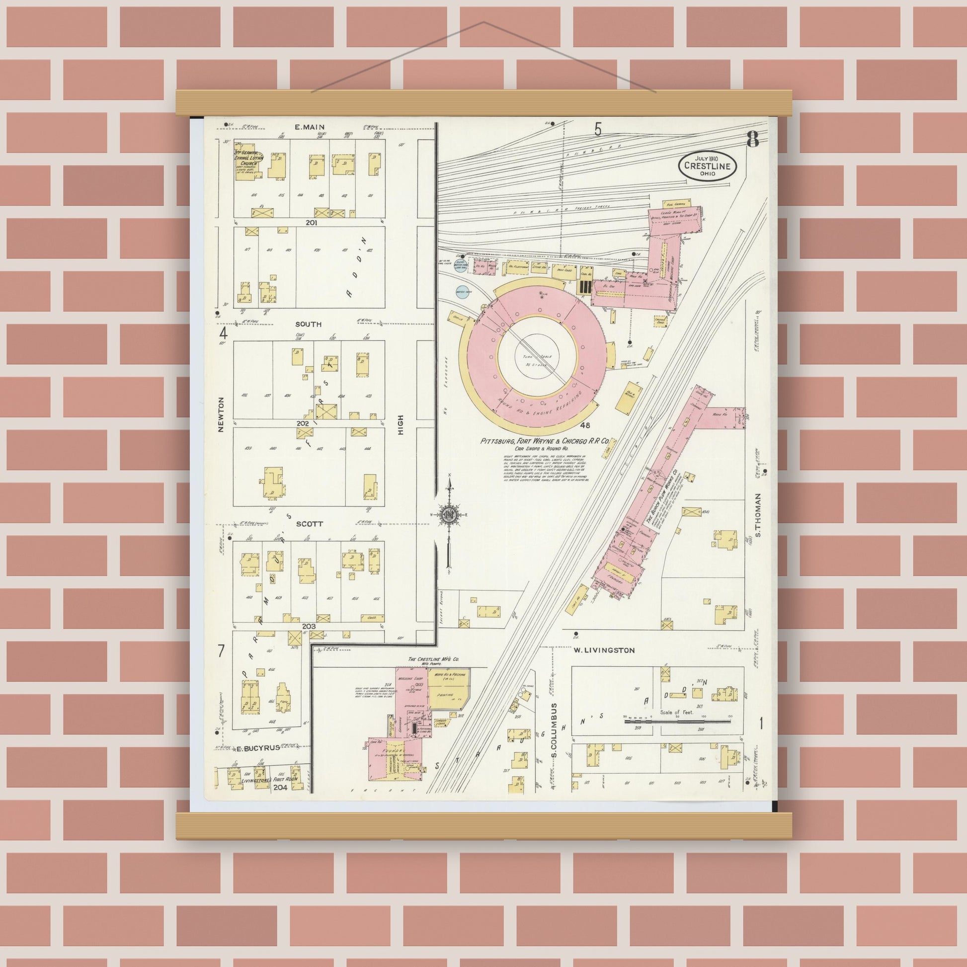 Old map wall art mockup — magnetic wood frame on brick wall — Sanborn Fire Insurance Map from Crestline, Crawford County, Ohio (1910), Sheet #0008
