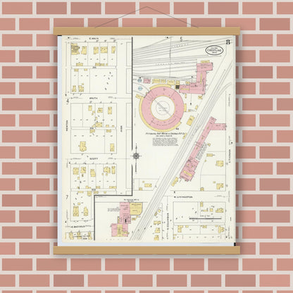Old map wall art mockup — magnetic wood frame on brick wall — Sanborn Fire Insurance Map from Crestline, Crawford County, Ohio (1910), Sheet #0008