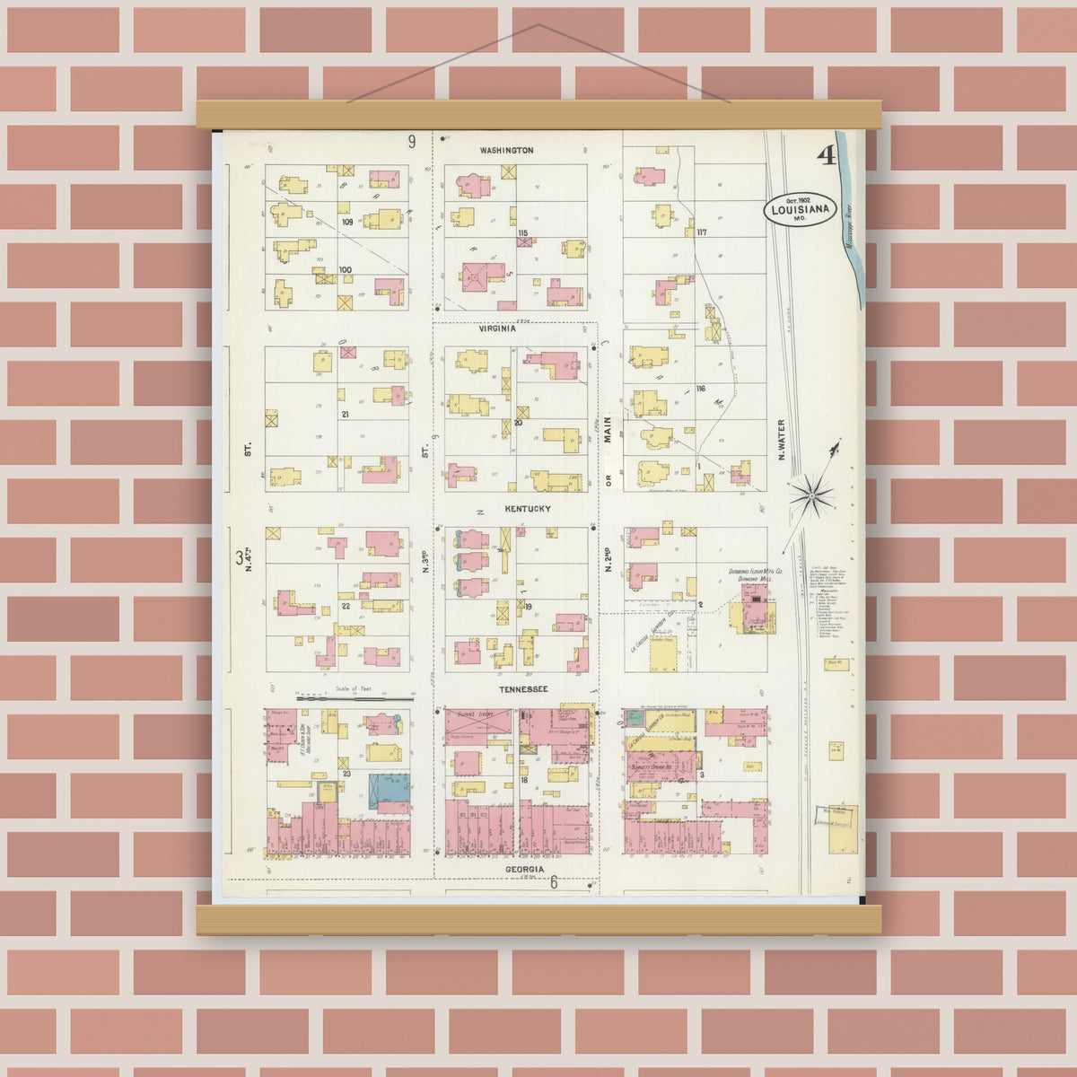 Old map wall art mockup — magnetic wood frame on brick wall — Sanborn Fire Insurance Map from Louisiana, Pike County, Missouri (1902), Sheet #0004