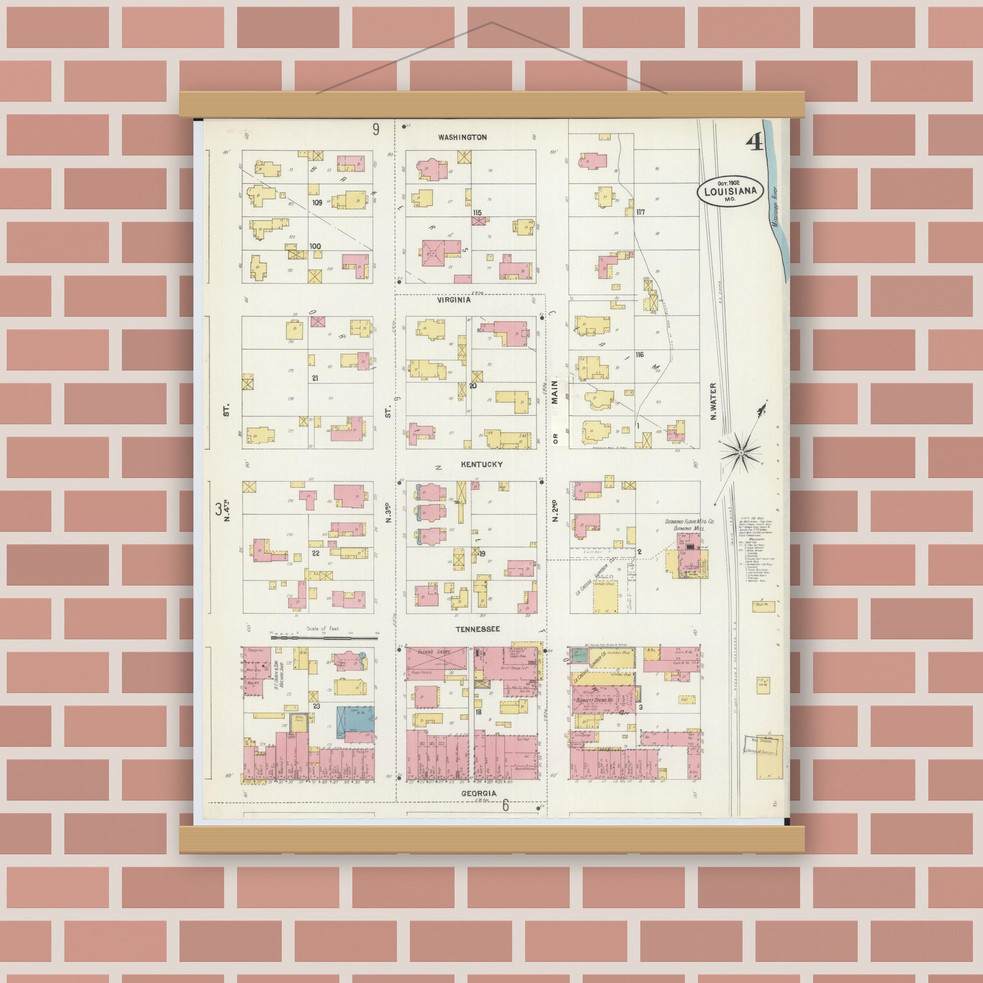 Old map wall art mockup — magnetic wood frame on brick wall — Sanborn Fire Insurance Map from Louisiana, Pike County, Missouri (1902), Sheet #0004