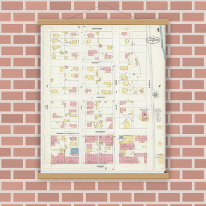 Old map wall art mockup — magnetic wood frame on brick wall — Sanborn Fire Insurance Map from Louisiana, Pike County, Missouri (1902), Sheet #0004