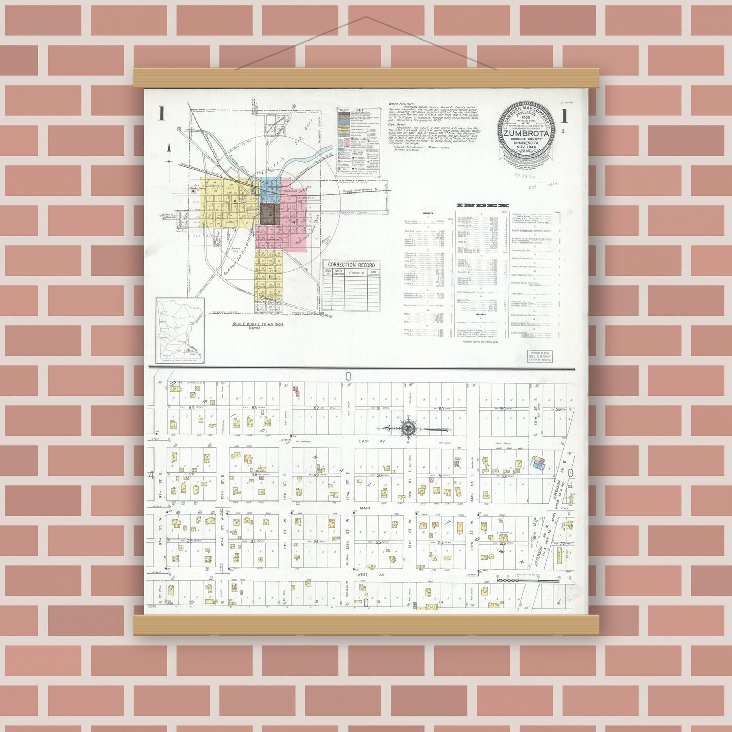 Old map wall art mockup — magnetic wood frame on brick wall — Sanborn Fire Insurance Map from Zumbrota, Goodhue County, Minnesota (1948) - Complete Map Set