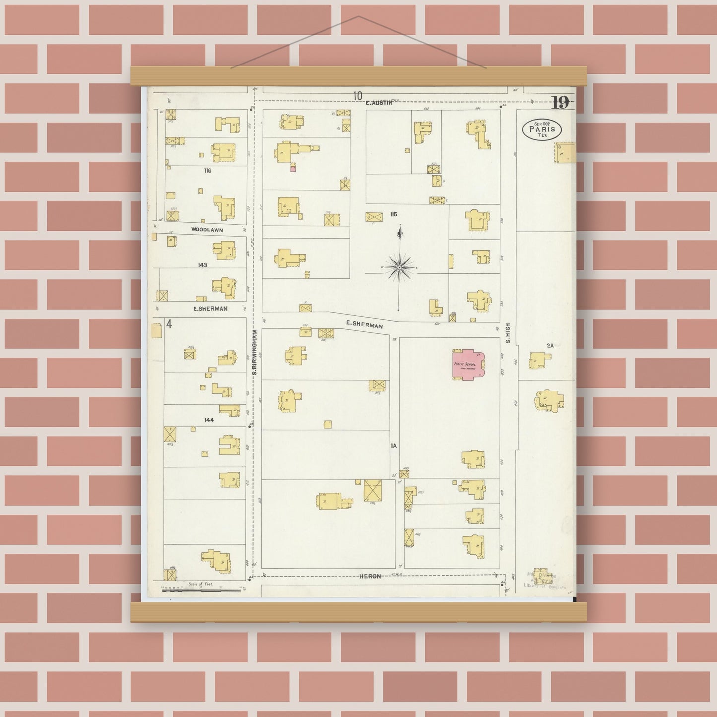 Old map wall art mockup — magnetic wood frame on brick wall — Sanborn Fire Insurance Map from Paris, Lamar County, Texas (1902), Sheet #0019