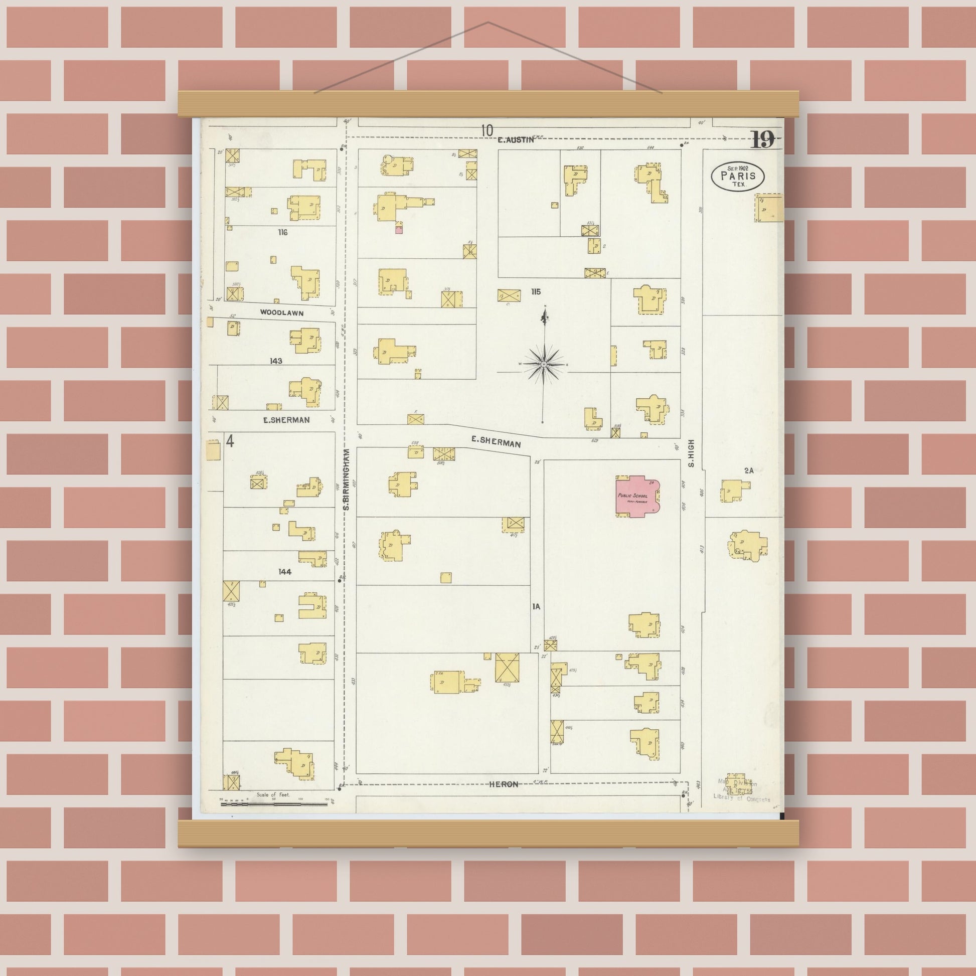 Old map wall art mockup — magnetic wood frame on brick wall — Sanborn Fire Insurance Map from Paris, Lamar County, Texas (1902), Sheet #0019