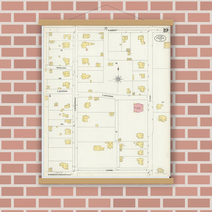 Old map wall art mockup — magnetic wood frame on brick wall — Sanborn Fire Insurance Map from Paris, Lamar County, Texas (1902), Sheet #0019