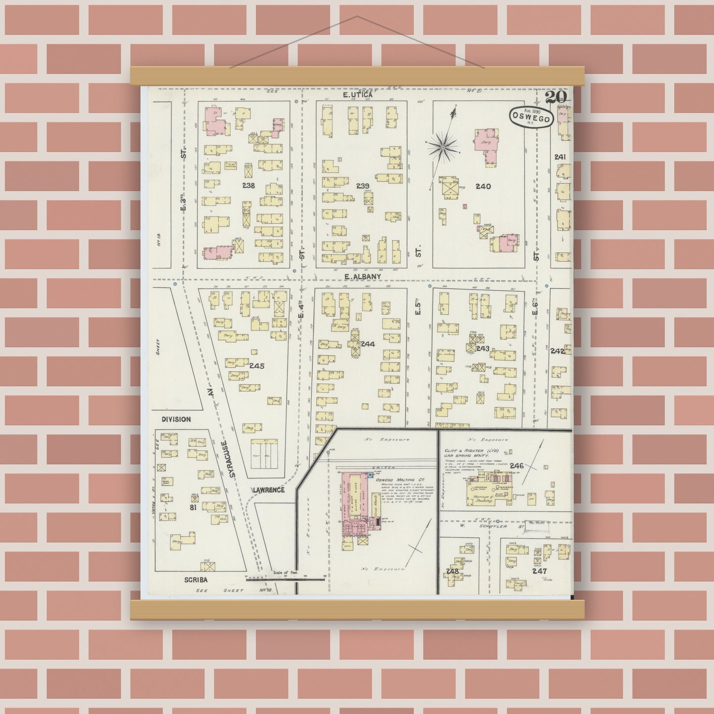 Old map wall art mockup — magnetic wood frame on brick wall — Sanborn Fire Insurance Map from Oswego, Oswego County, New York (1890), Sheet #0020