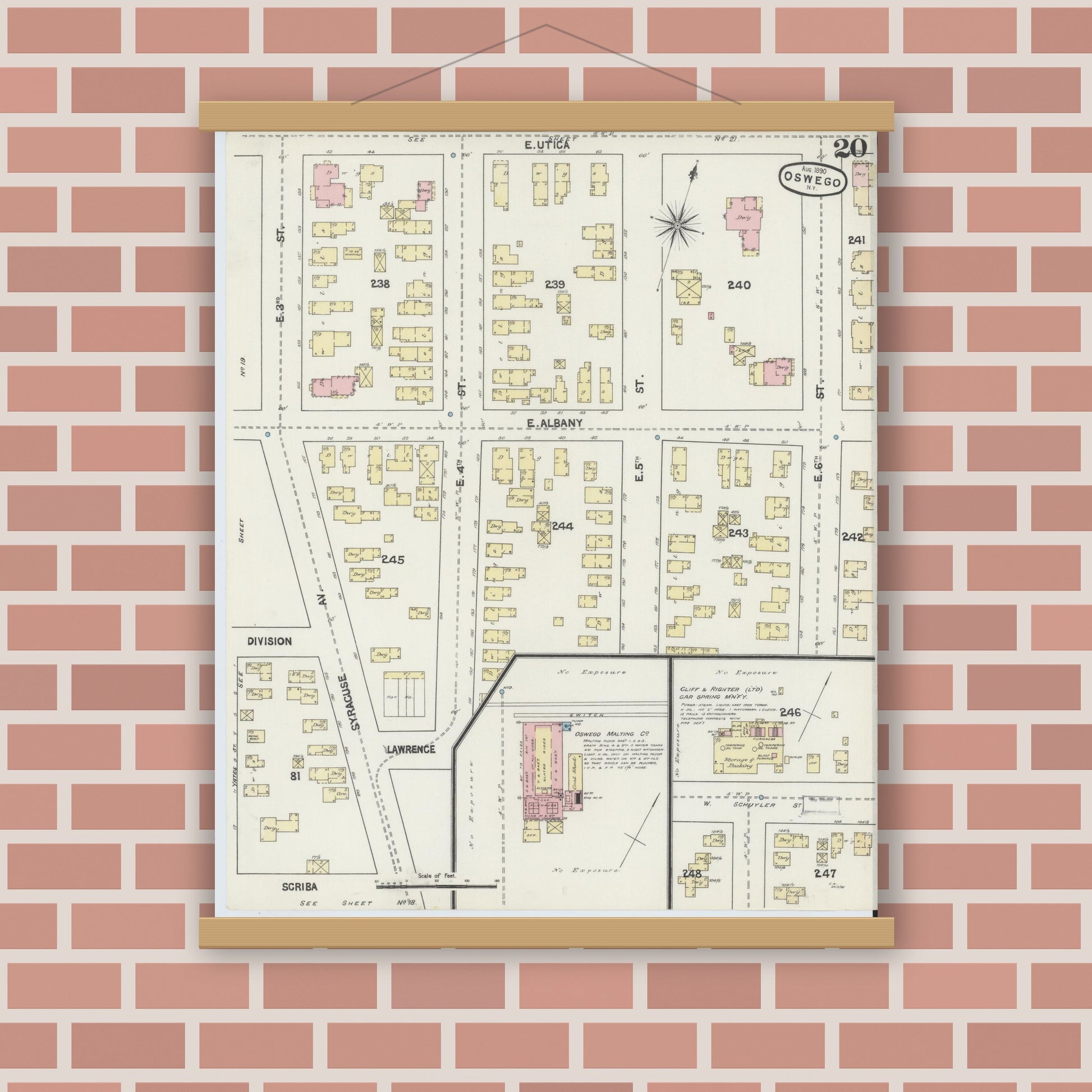 Old map wall art mockup — magnetic wood frame on brick wall — Sanborn Fire Insurance Map from Oswego, Oswego County, New York (1890), Sheet #0020
