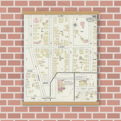 Old map wall art mockup — magnetic wood frame on brick wall — Sanborn Fire Insurance Map from Oswego, Oswego County, New York (1890), Sheet #0020
