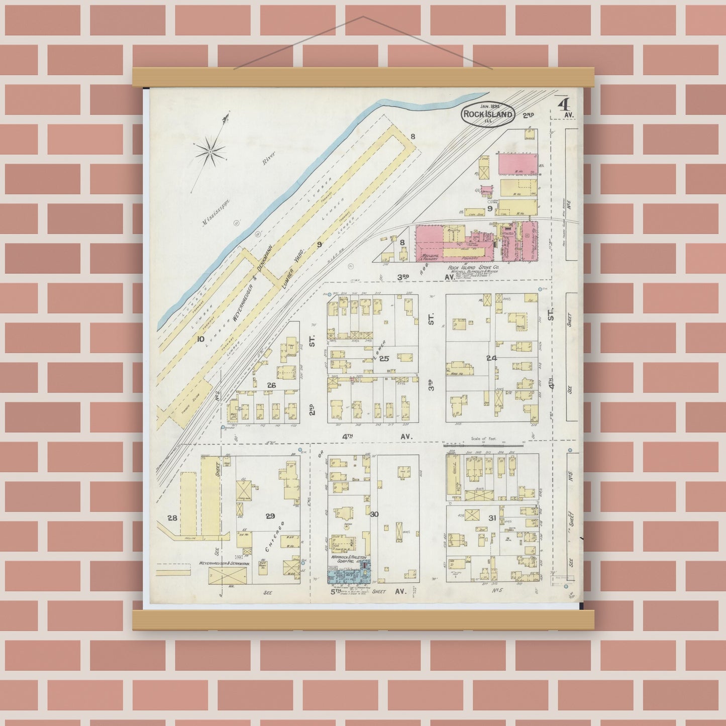 Old map wall art mockup — magnetic wood frame on brick wall — Sanborn Fire Insurance Map from Rock Island, Rock Island County, Illinois (1892), Sheet #0004