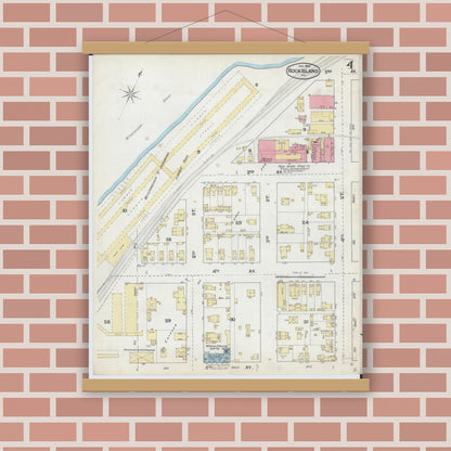 Old map wall art mockup — magnetic wood frame on brick wall — Sanborn Fire Insurance Map from Rock Island, Rock Island County, Illinois (1892), Sheet #0004