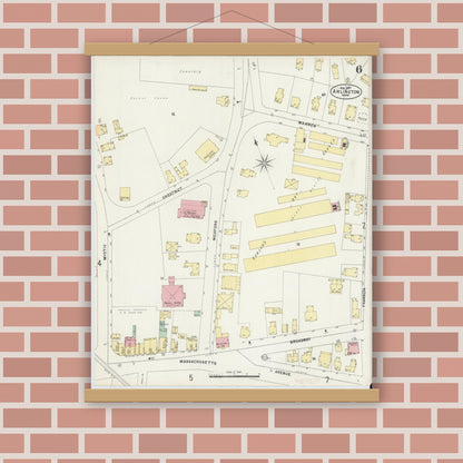 Old map wall art mockup — magnetic wood frame on brick wall — Sanborn Fire Insurance Map from Arlington, Middlesex County, Massachusetts (1897), Sheet #0006