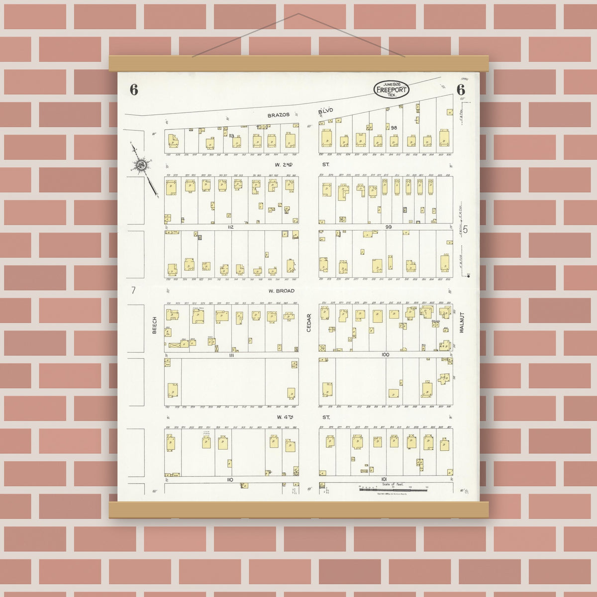 Old map wall art mockup — magnetic wood frame on brick wall — Sanborn Fire Insurance Map from Freeport, Brazoria County, Texas (1926), Sheet #0006