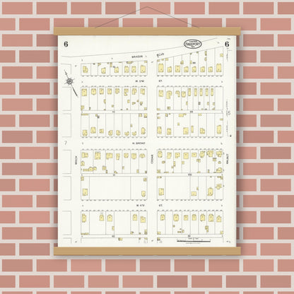 Old map wall art mockup — magnetic wood frame on brick wall — Sanborn Fire Insurance Map from Freeport, Brazoria County, Texas (1926), Sheet #0006