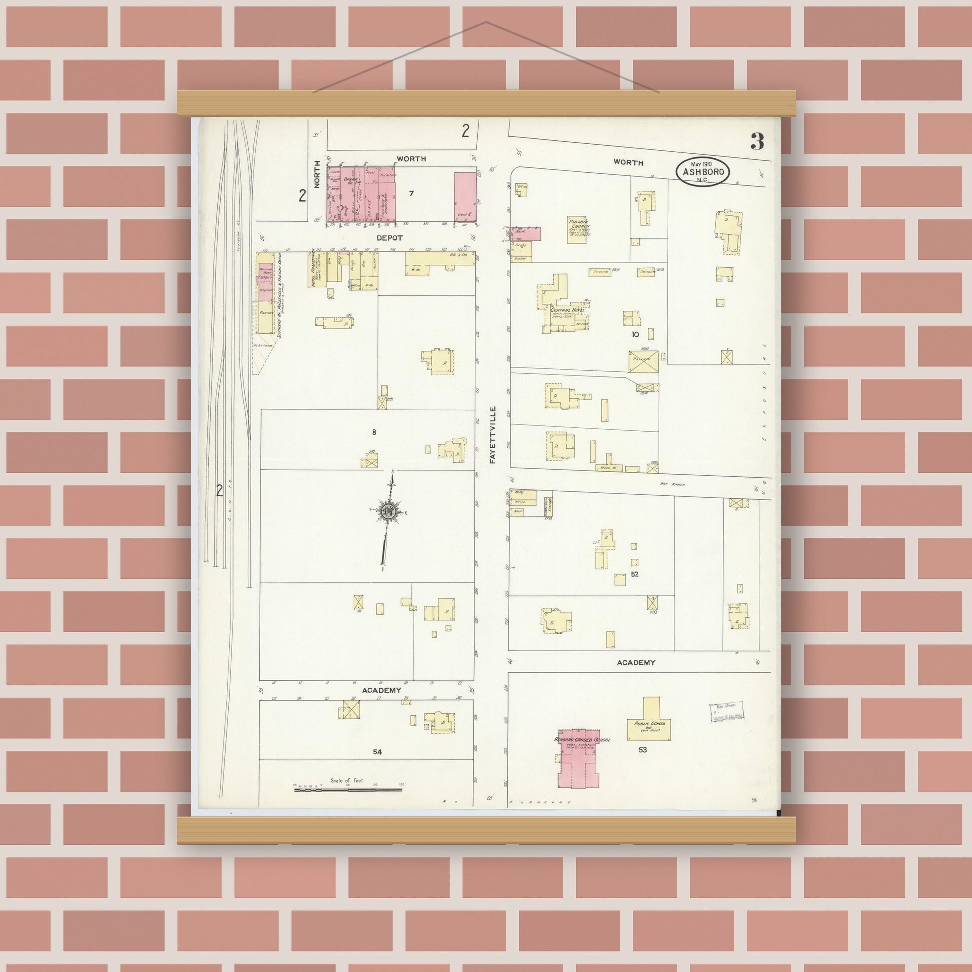 Old map wall art mockup — magnetic wood frame on brick wall — Sanborn Fire Insurance Map from Asheboro, Randolph County, North Carolina (1910), Sheet #0003
