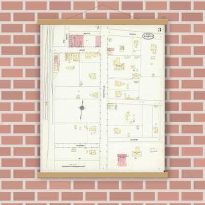 Old map wall art mockup — magnetic wood frame on brick wall — Sanborn Fire Insurance Map from Asheboro, Randolph County, North Carolina (1910), Sheet #0003