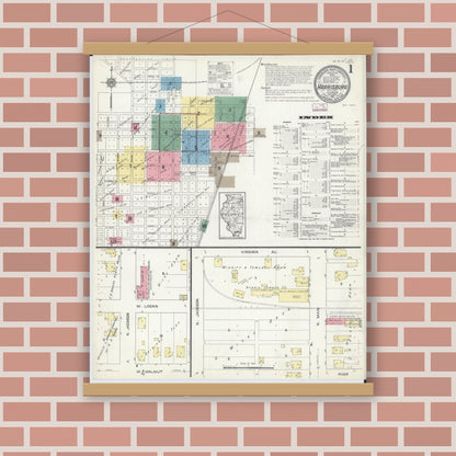 Old map wall art mockup — magnetic wood frame on brick wall — Sanborn Fire Insurance Map from Harrisburg, Saline County, Illinois (1913) - Complete Map Set