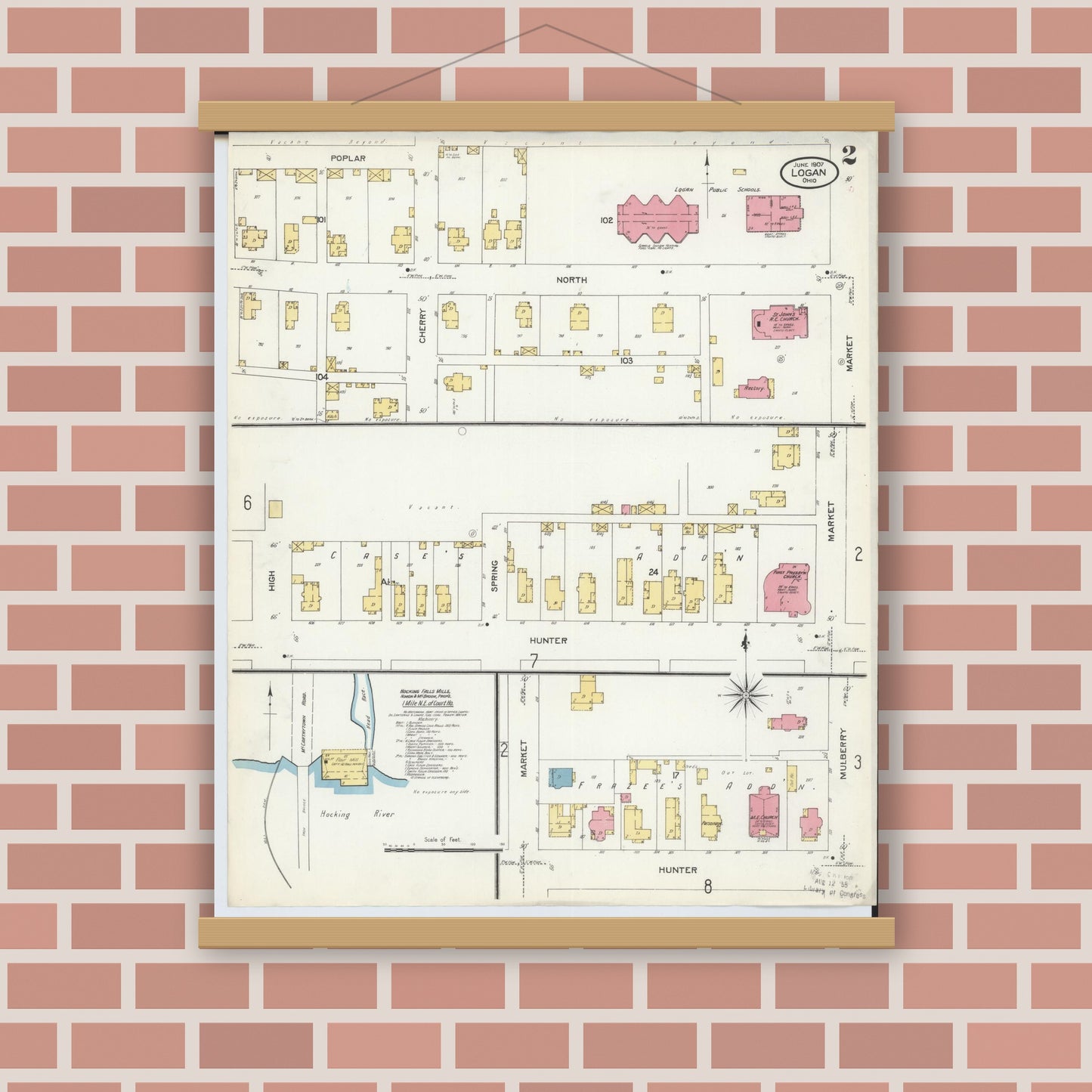 Old map wall art mockup — magnetic wood frame on brick wall — Sanborn Fire Insurance Map from Logan, Hocking County, Ohio (1907), Sheet #0002