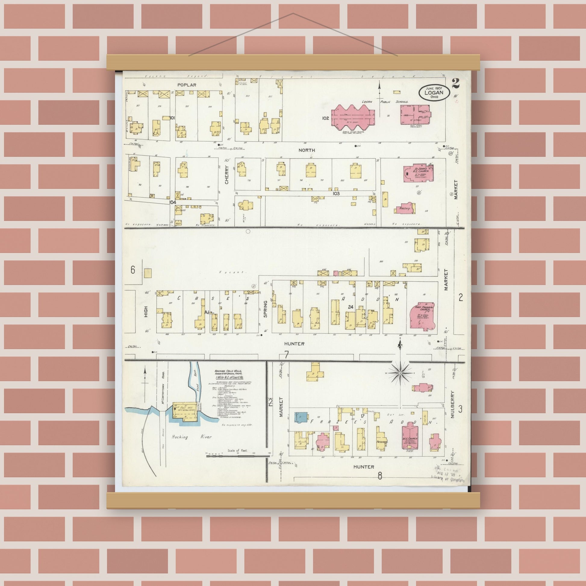 Old map wall art mockup — magnetic wood frame on brick wall — Sanborn Fire Insurance Map from Logan, Hocking County, Ohio (1907), Sheet #0002