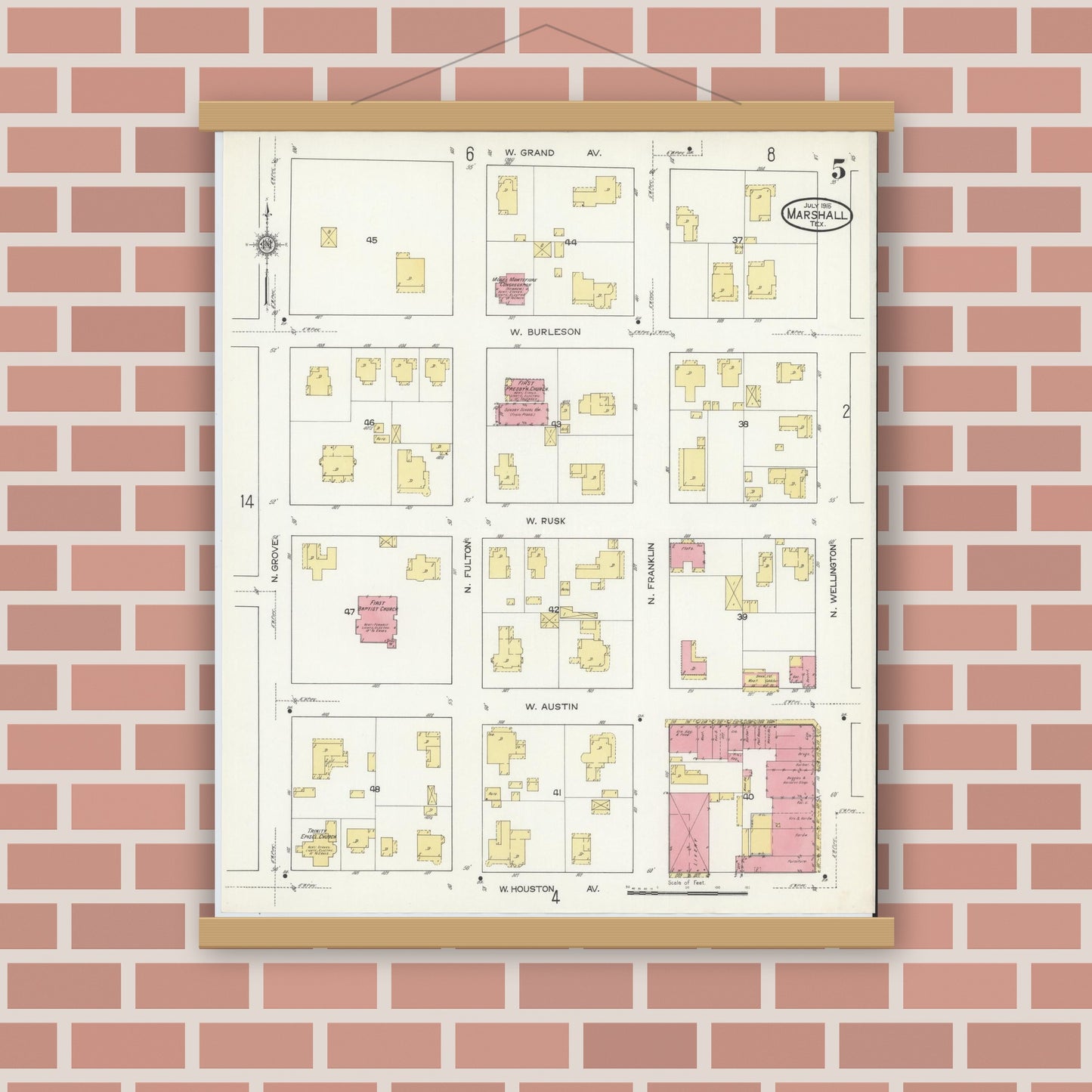 Old map wall art mockup — magnetic wood frame on brick wall — Sanborn Fire Insurance Map from Marshall, Harrison County, Texas (1915), Sheet #0005