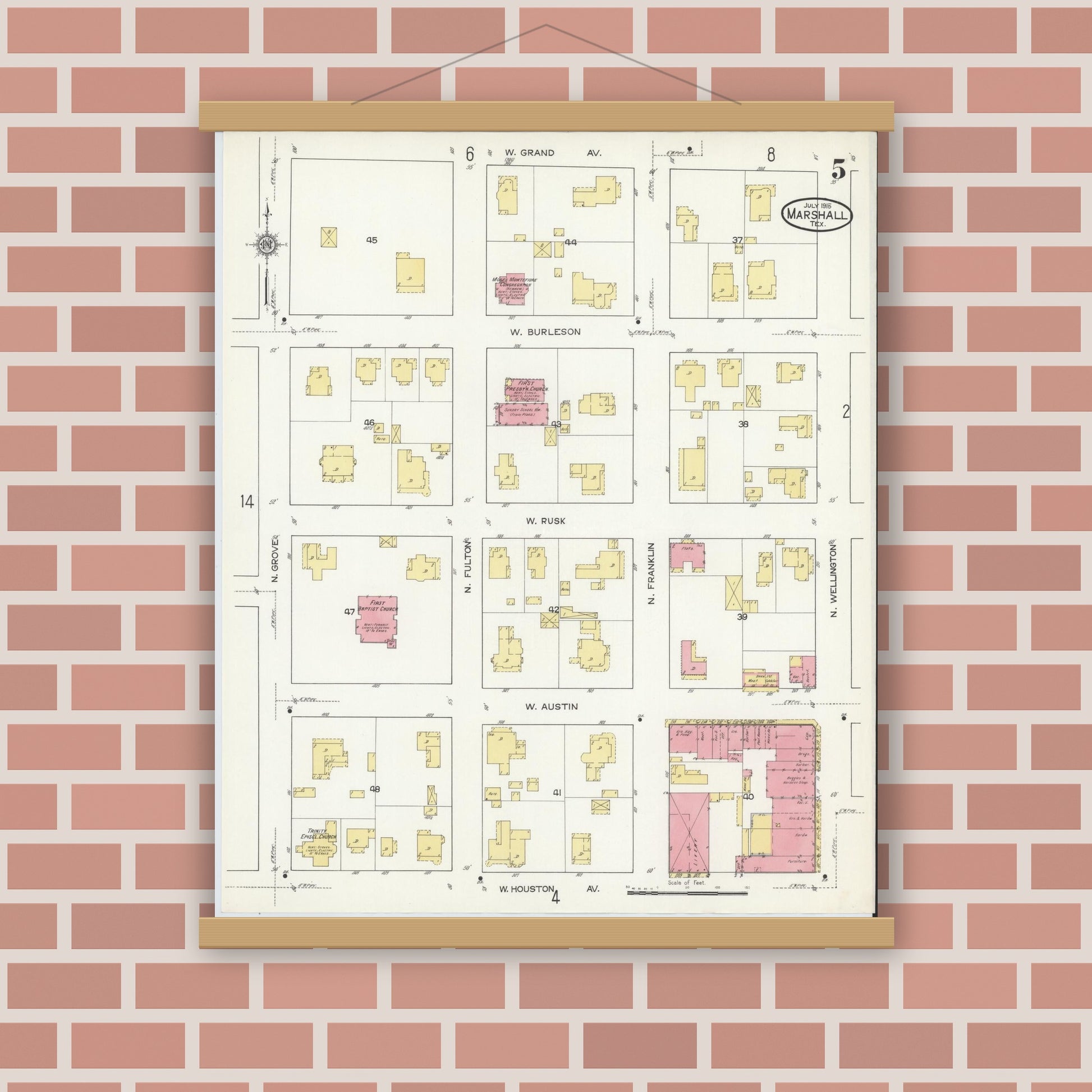 Old map wall art mockup — magnetic wood frame on brick wall — Sanborn Fire Insurance Map from Marshall, Harrison County, Texas (1915), Sheet #0005