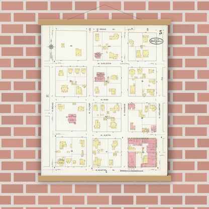 Old map wall art mockup — magnetic wood frame on brick wall — Sanborn Fire Insurance Map from Marshall, Harrison County, Texas (1915), Sheet #0005