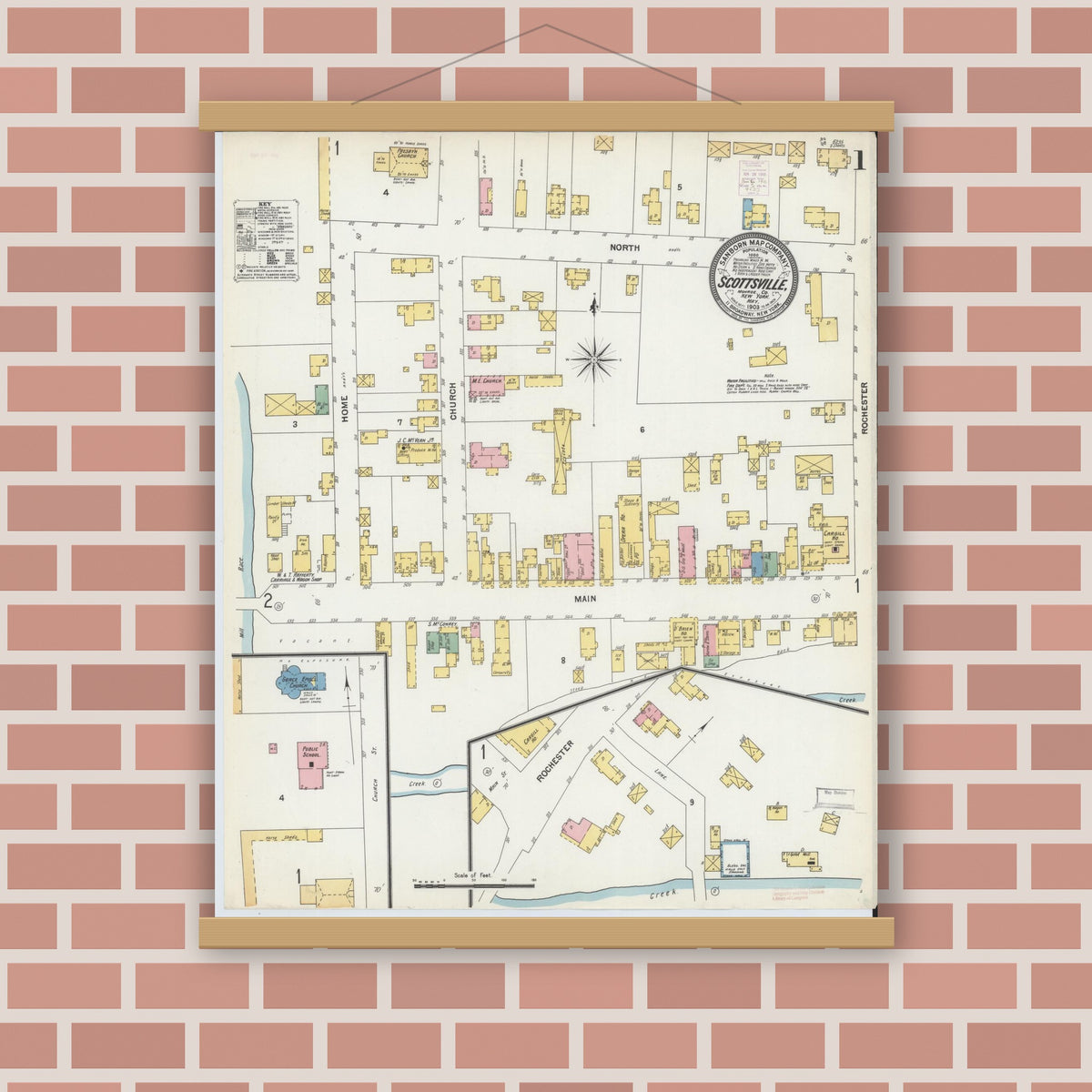 Old map wall art mockup — magnetic wood frame on brick wall — Sanborn Fire Insurance Map from Scottsville, Monroe County, New York (1903) - Complete Map Set