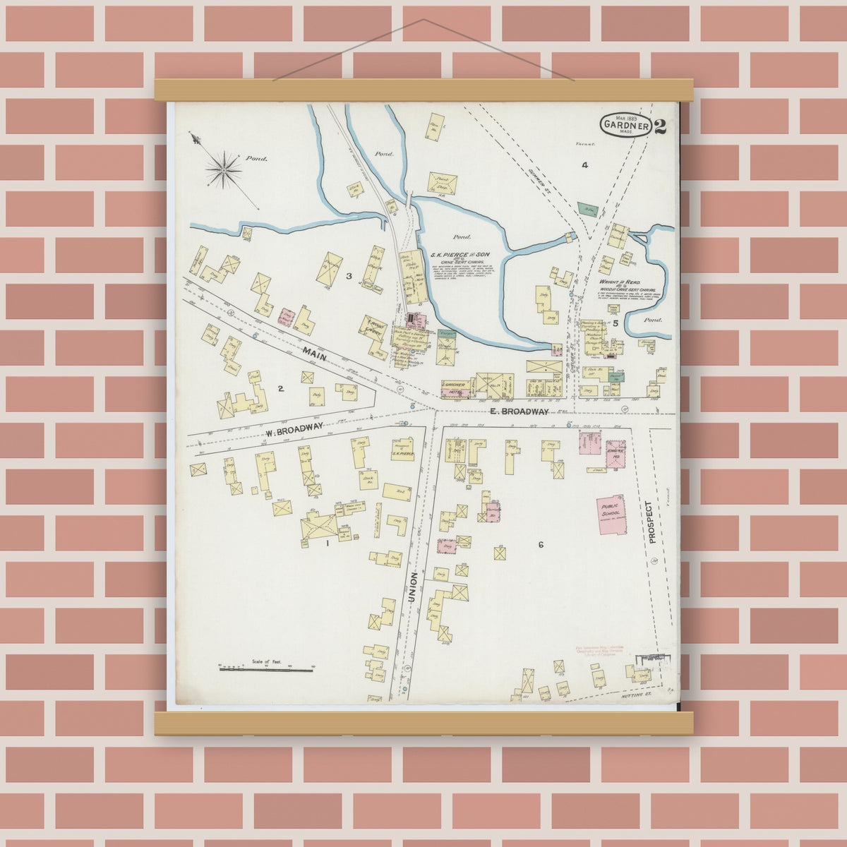 Old map wall art mockup — magnetic wood frame on brick wall — Sanborn Fire Insurance Map from Gardner, Worcester County, Massachusetts (1889), Sheet #0002
