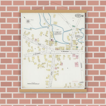 Old map wall art mockup — magnetic wood frame on brick wall — Sanborn Fire Insurance Map from Gardner, Worcester County, Massachusetts (1889), Sheet #0002