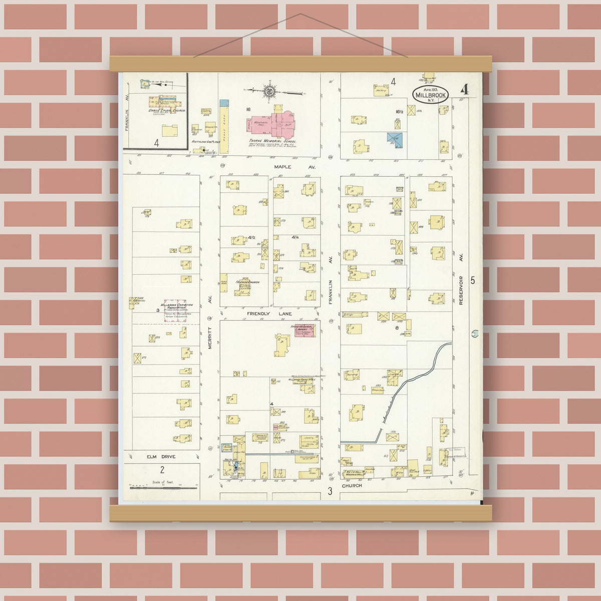 Old map wall art mockup — magnetic wood frame on brick wall — Sanborn Fire Insurance Map from Millbrook, Dutchess County, New York (1913), Sheet #0004
