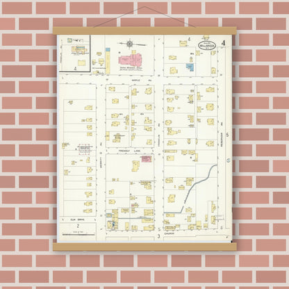 Old map wall art mockup — magnetic wood frame on brick wall — Sanborn Fire Insurance Map from Millbrook, Dutchess County, New York (1913), Sheet #0004
