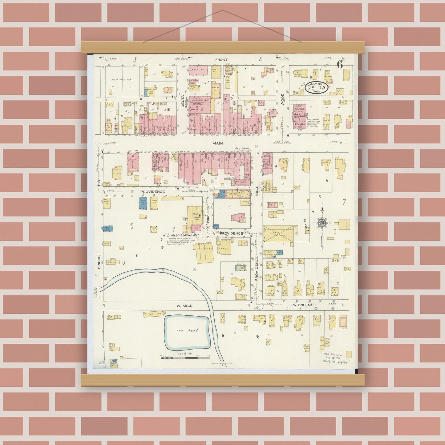 Old map wall art mockup — magnetic wood frame on brick wall — Sanborn Fire Insurance Map from Delta, Fulton County, Ohio (1916), Sheet #0006