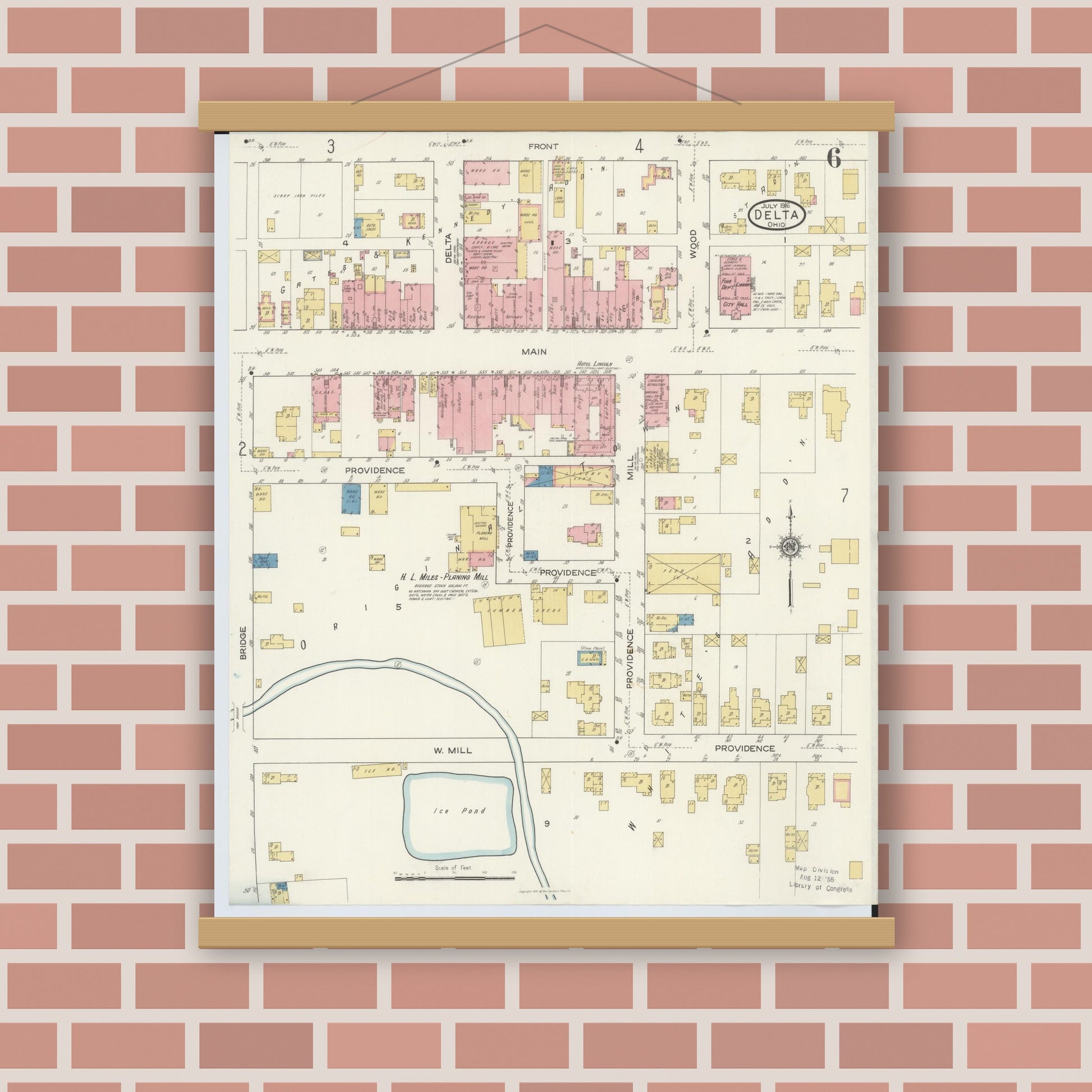 Old map wall art mockup — magnetic wood frame on brick wall — Sanborn Fire Insurance Map from Delta, Fulton County, Ohio (1916), Sheet #0006