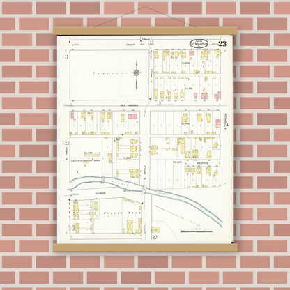 Old map wall art mockup — magnetic wood frame on brick wall — Sanborn Fire Insurance Map from Fort Madison, Lee County, Iowa (1913), Sheet #0023