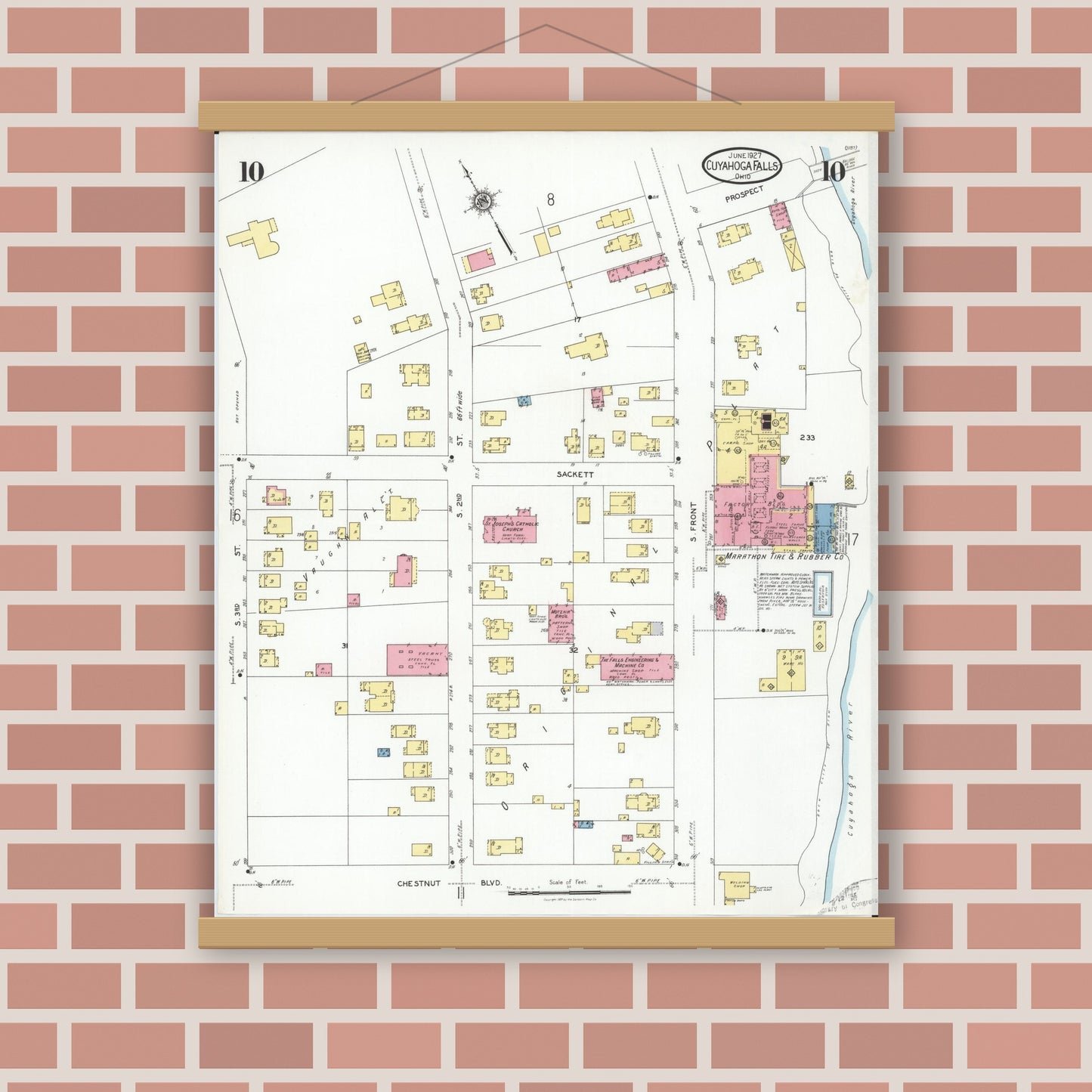 Old map wall art mockup — magnetic wood frame on brick wall — Sanborn Fire Insurance Map from Cuyahoga Falls, Summit County, Ohio (1927), Sheet #0010