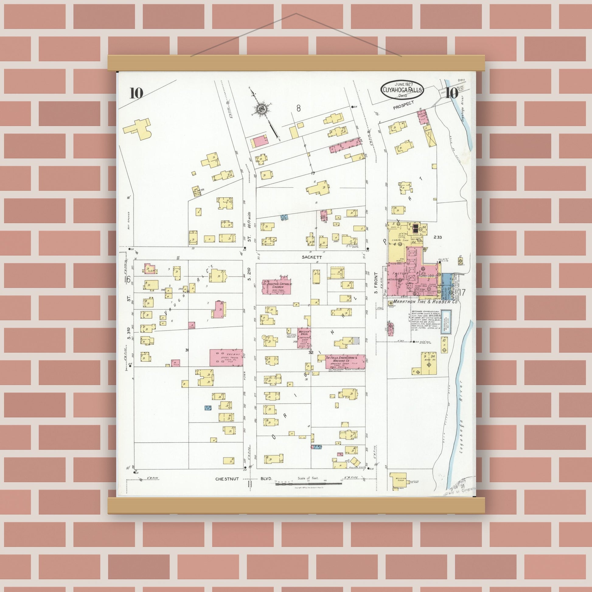 Old map wall art mockup — magnetic wood frame on brick wall — Sanborn Fire Insurance Map from Cuyahoga Falls, Summit County, Ohio (1927), Sheet #0010