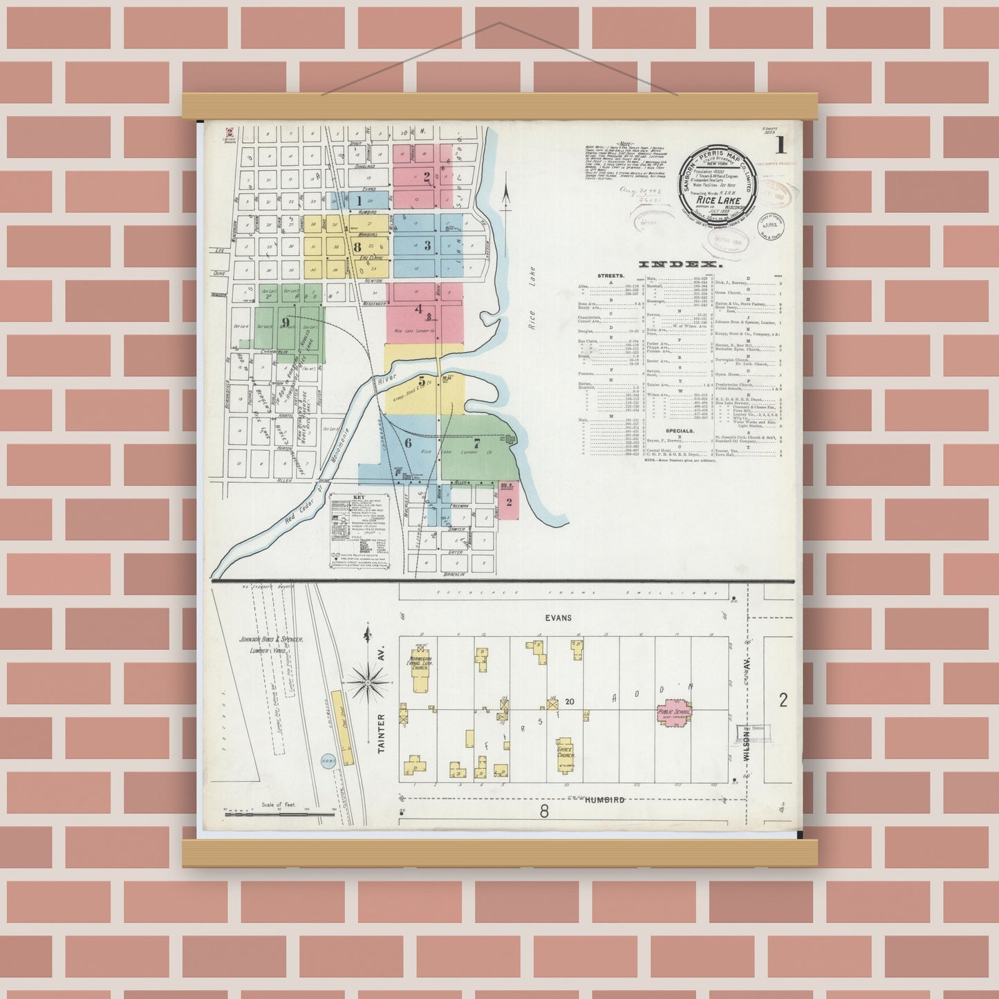 Old map wall art mockup — magnetic wood frame on brick wall — Sanborn Fire Insurance Map from Rice Lake, Barron County, Wisconsin (1899) - Complete Map Set