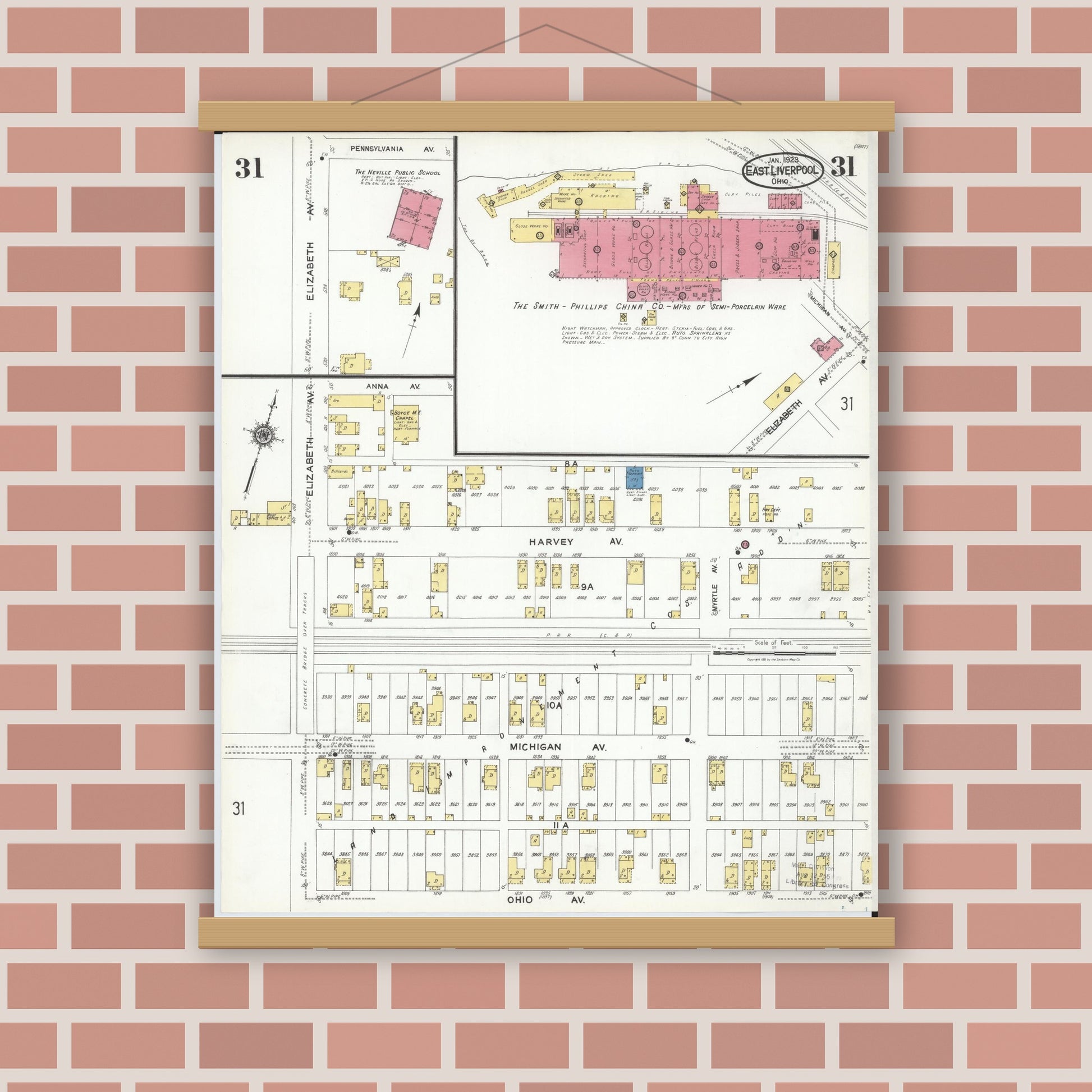 Old map wall art mockup — magnetic wood frame on brick wall — Sanborn Fire Insurance Map from East Liverpool, Columbiana County, Ohio (1923), Sheet #0031