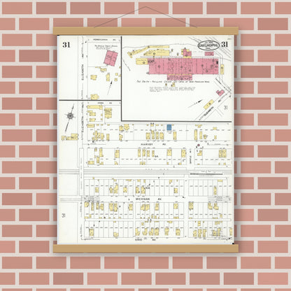 Old map wall art mockup — magnetic wood frame on brick wall — Sanborn Fire Insurance Map from East Liverpool, Columbiana County, Ohio (1923), Sheet #0031