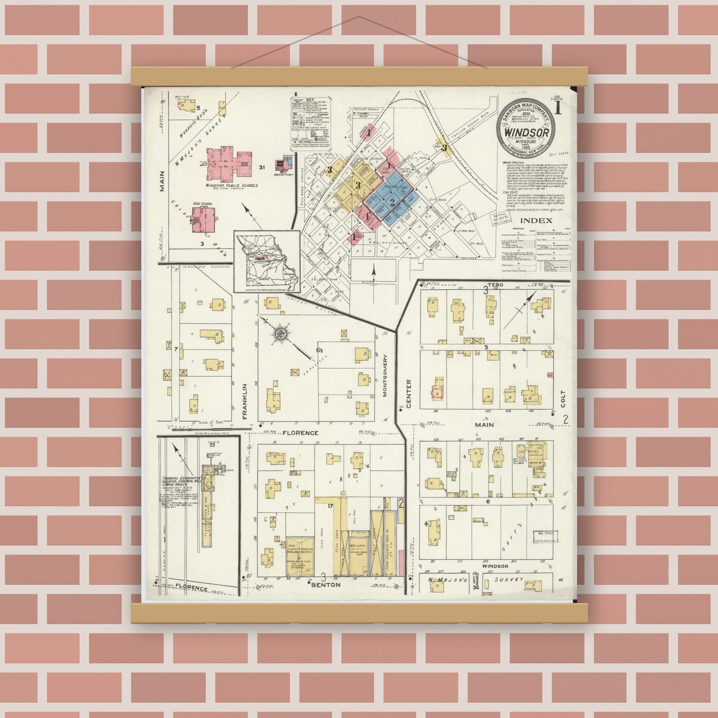 Old map wall art mockup — magnetic wood frame on brick wall — Sanborn Fire Insurance Map from Windsor, Henry County, Missouri (1920) - Complete Map Set