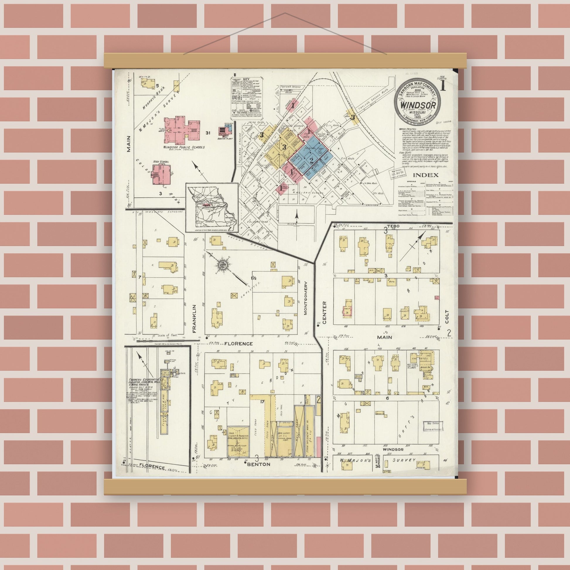 Old map wall art mockup — magnetic wood frame on brick wall — Sanborn Fire Insurance Map from Windsor, Henry County, Missouri (1920) - Complete Map Set
